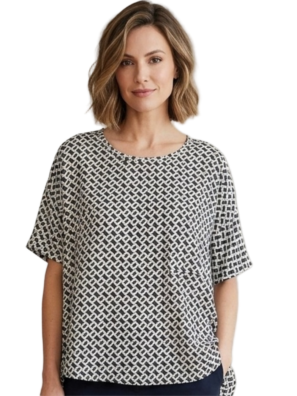 Diane Von Furstenberg Silky Black and White Geometric Short Sleeve Blouse Size 2